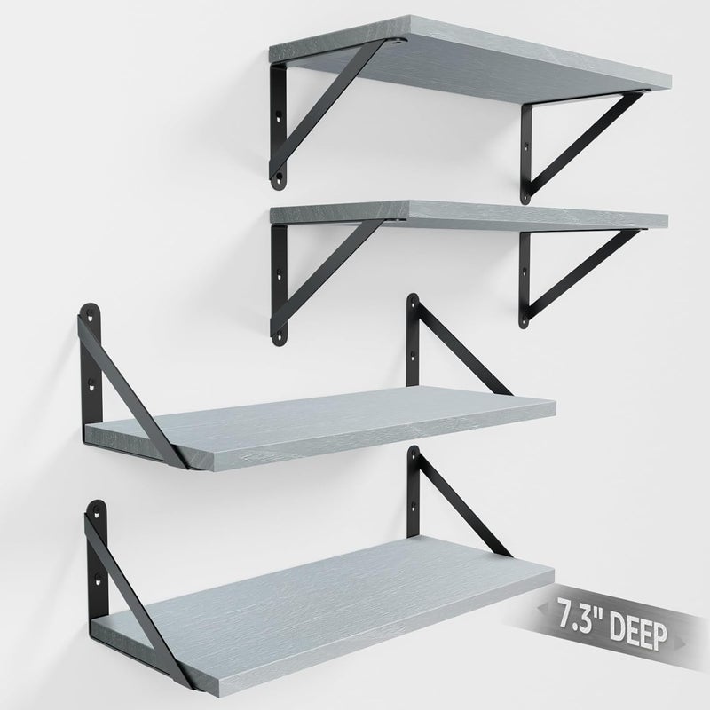 COCOYA Wall Shelves 7.3" Deep Set of 4, Solid Paulownia Wood Wider Longer Sturdy Easy to Install Wall Mounted Bookshelves Storage Shelves Bathroom Home Office Laundry Room Bedroom Organizer Gray - Image 1